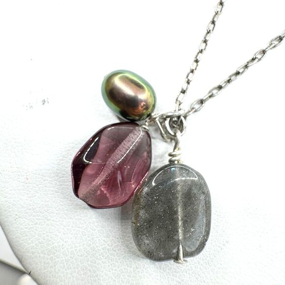 J. Jill NEW Labradorite Pearl Amethyst Stone cluster Necklace Sterling boho - Picture 1 of 9